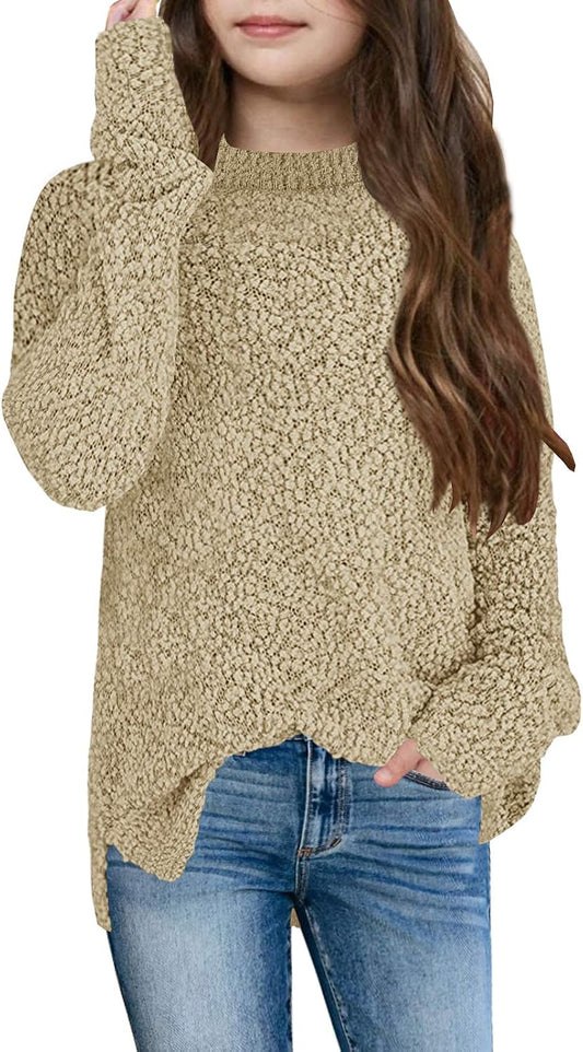 Girl'S Fuzzy Sweater Kids Crew Neck Chunky Pullover Jumper Tops