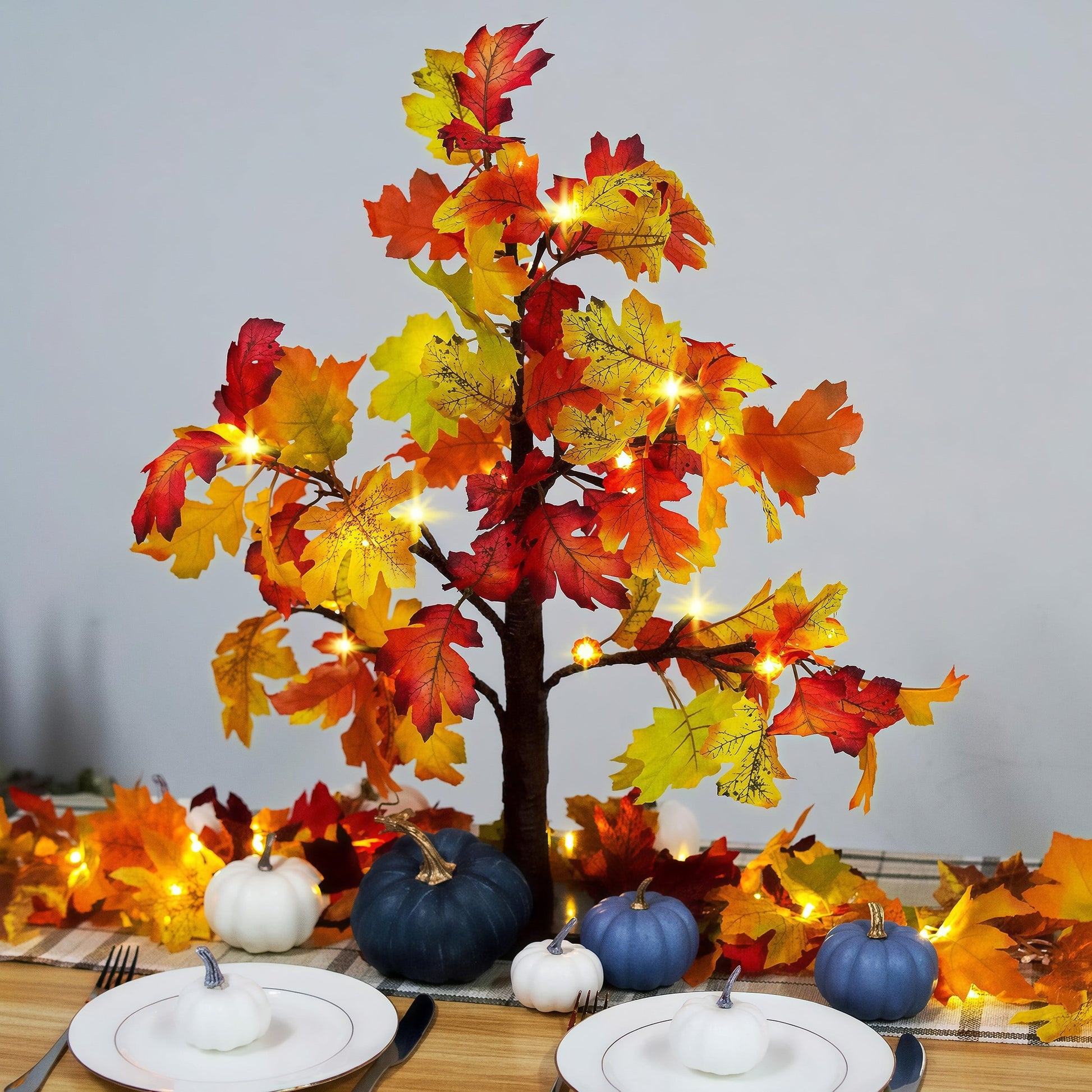Fall Decorations for Home, 25" 24 LED Artificial Fall Maple Leaves Table Tree with Pumpkins Lights Indoor Wedding Party Autumn Thanksgiving Decor